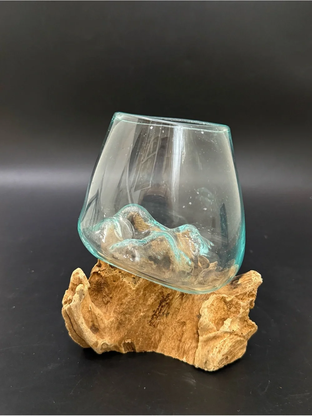 Handcrafted Molten Glass Vase Bowl on Custom Molded Organic Teak Driftwood Base